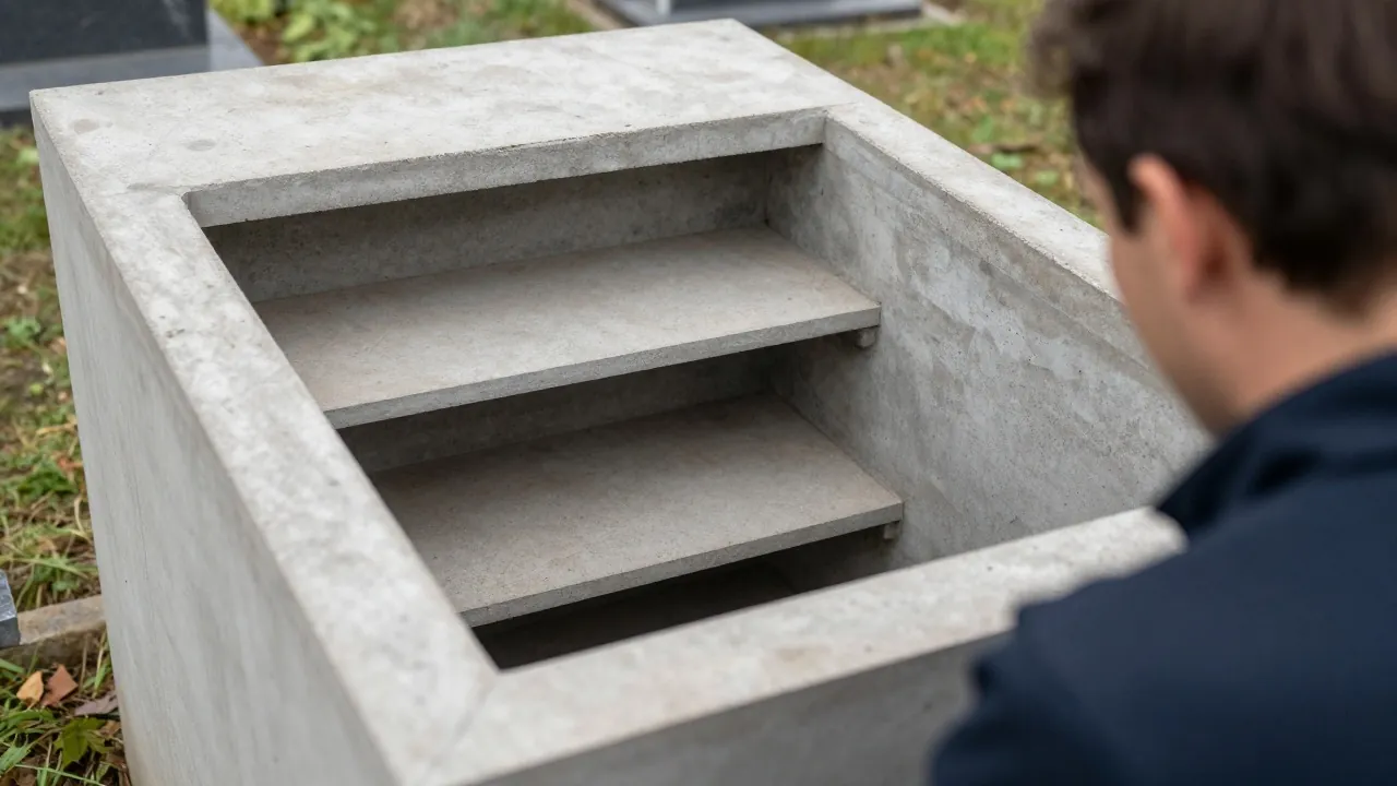 Caveau en béton à plusieurs cases vu du dessus avant la pose de la dalle