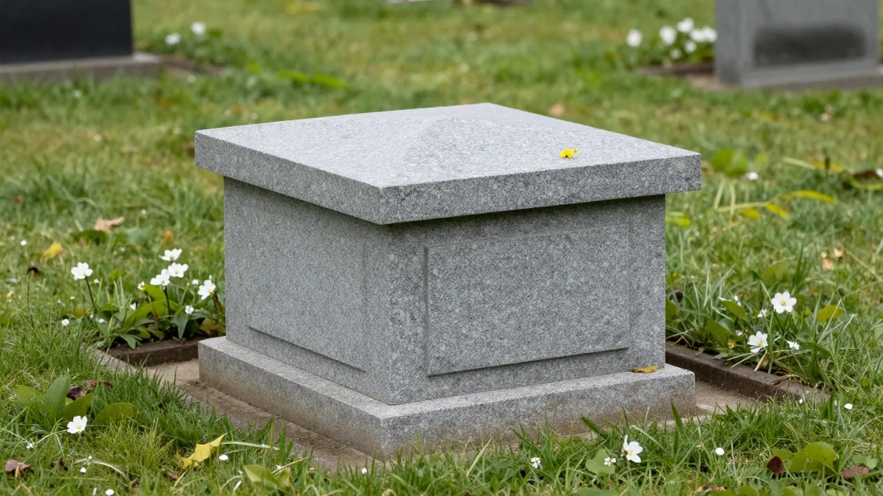 Cavurne en granit gris dans le jardin d’un cimetière
