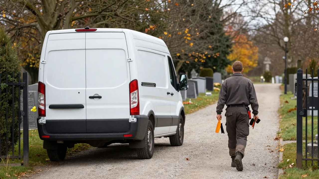 Marbrier arrivant au cimetière avec ses outils pour une pose