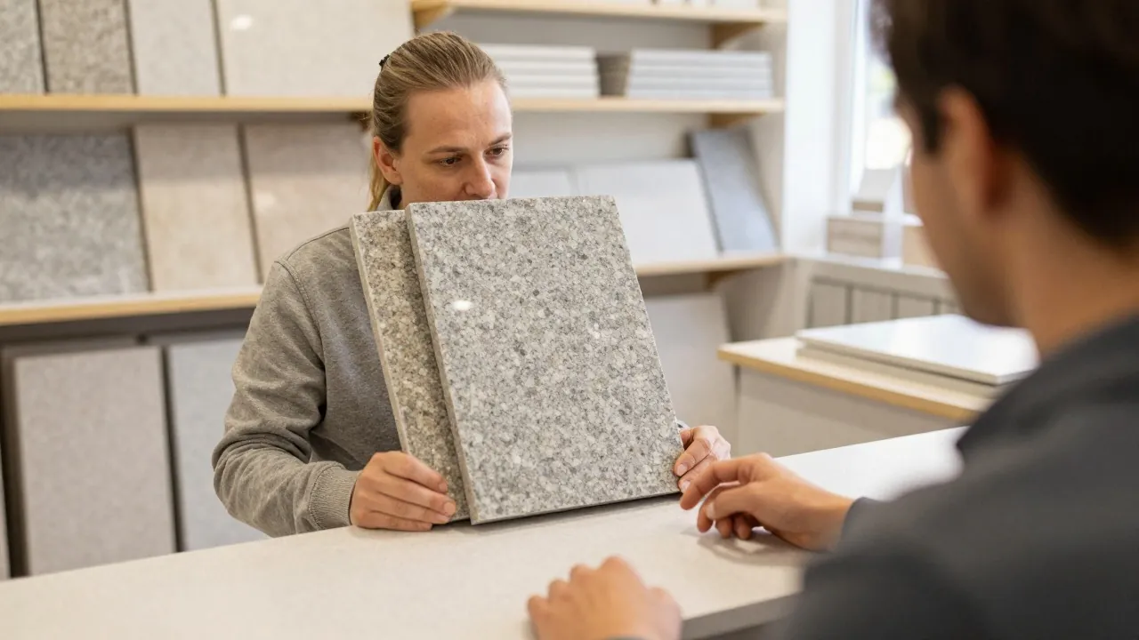 Marbrier présentant des échantillons de granit à une famille