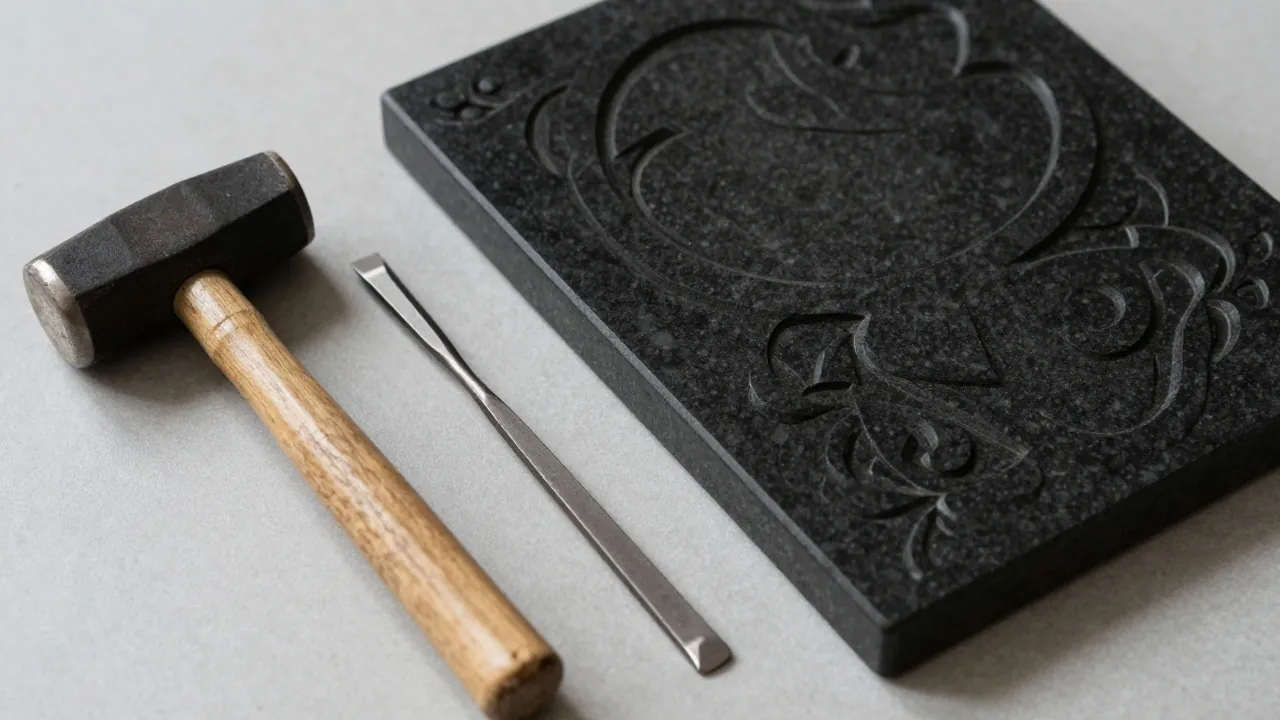 Outils de gravure posés à côté d’une plaque de granit noir