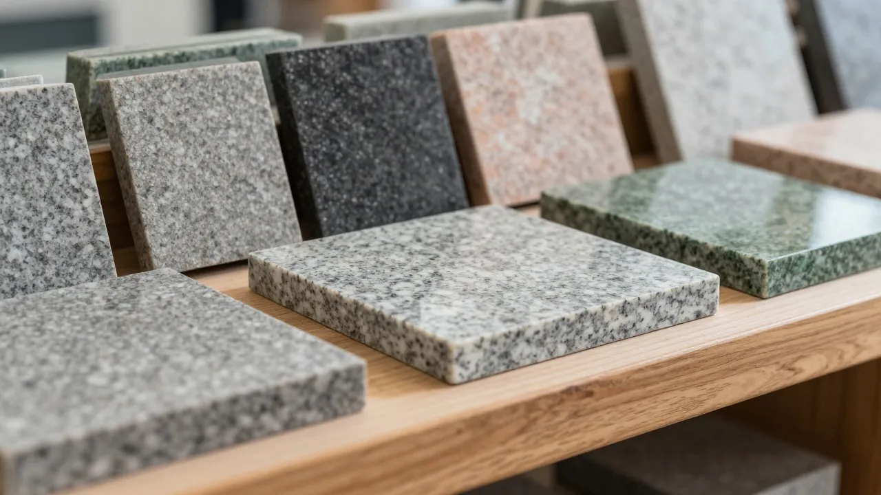 Échantillons de granit gris, noir, rose et vert chez un marbrier