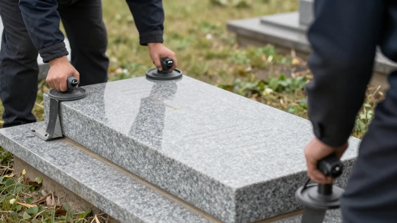 Deux marbriers posant une dalle de granit simple sur une sépulture