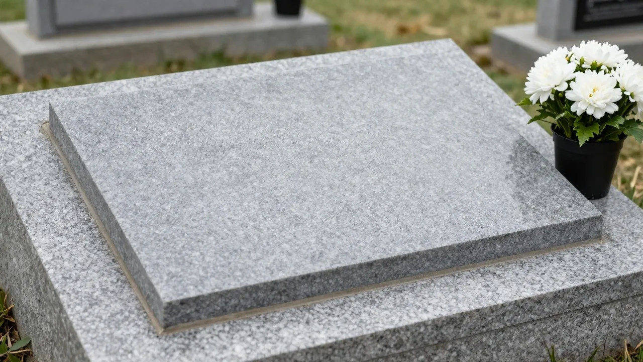 Plaque funéraire en granit vierge posée sur une tombe avec des fleurs blanches