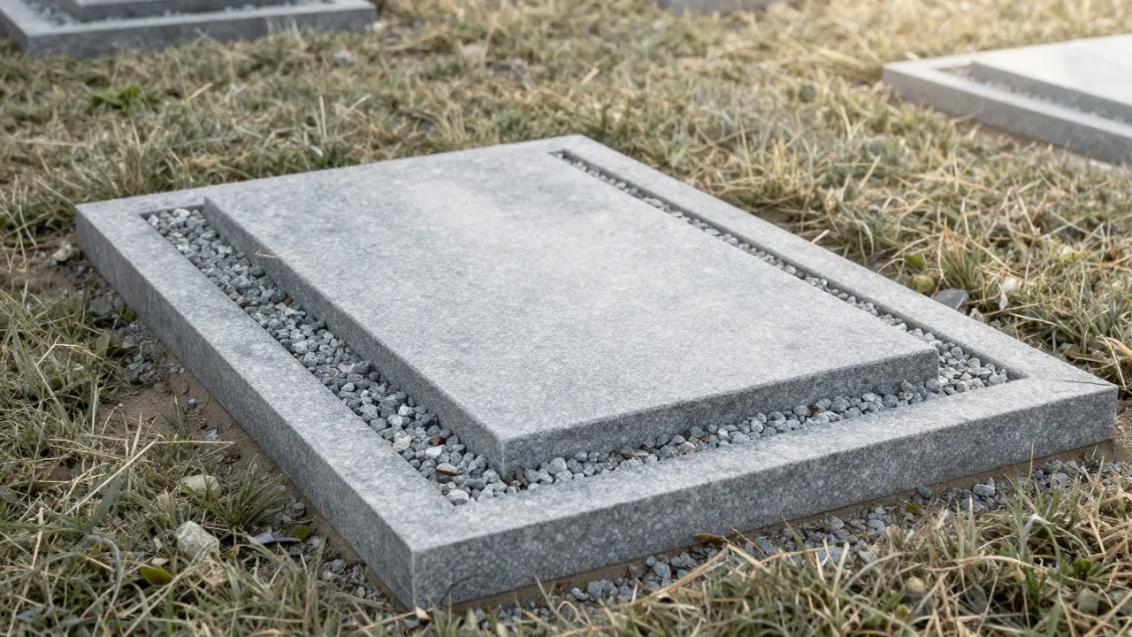 Entourage de tombe en granit rempli de gravier, sans monument